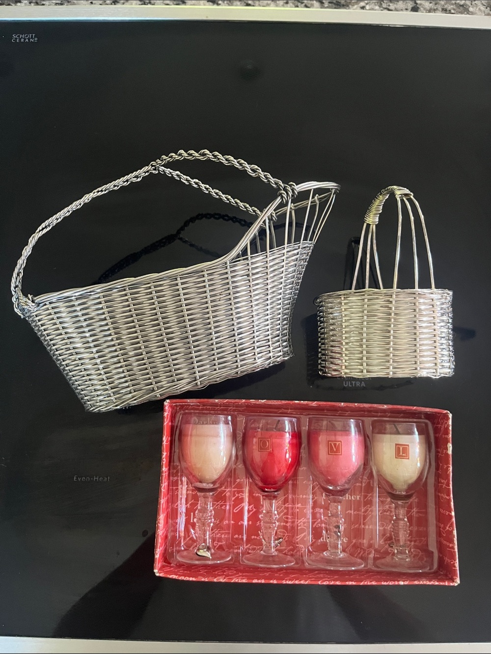 VTG French Baskets, Silver Plated, Hand Woven + Mini Yankee Candle Wine Glasses